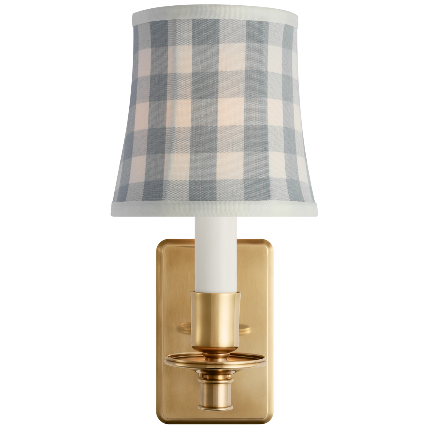 Tara 12" Sconce | Hand-Rubbed Antique Brass | Schumacher Sky Elton Check Soft Empire Shade
