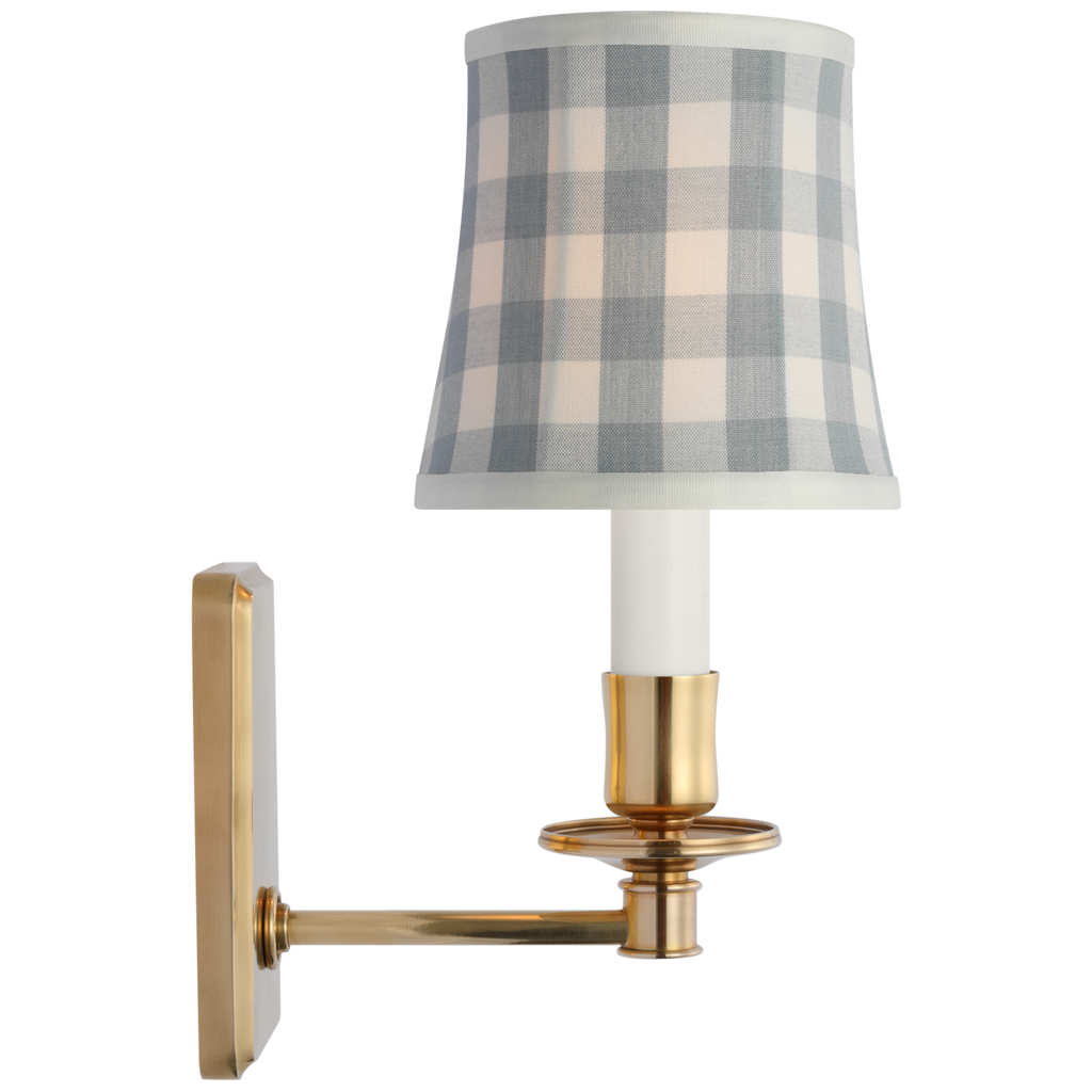 Tara 12" Sconce | Hand-Rubbed Antique Brass | Schumacher Sky Elton Check Soft Empire Shade