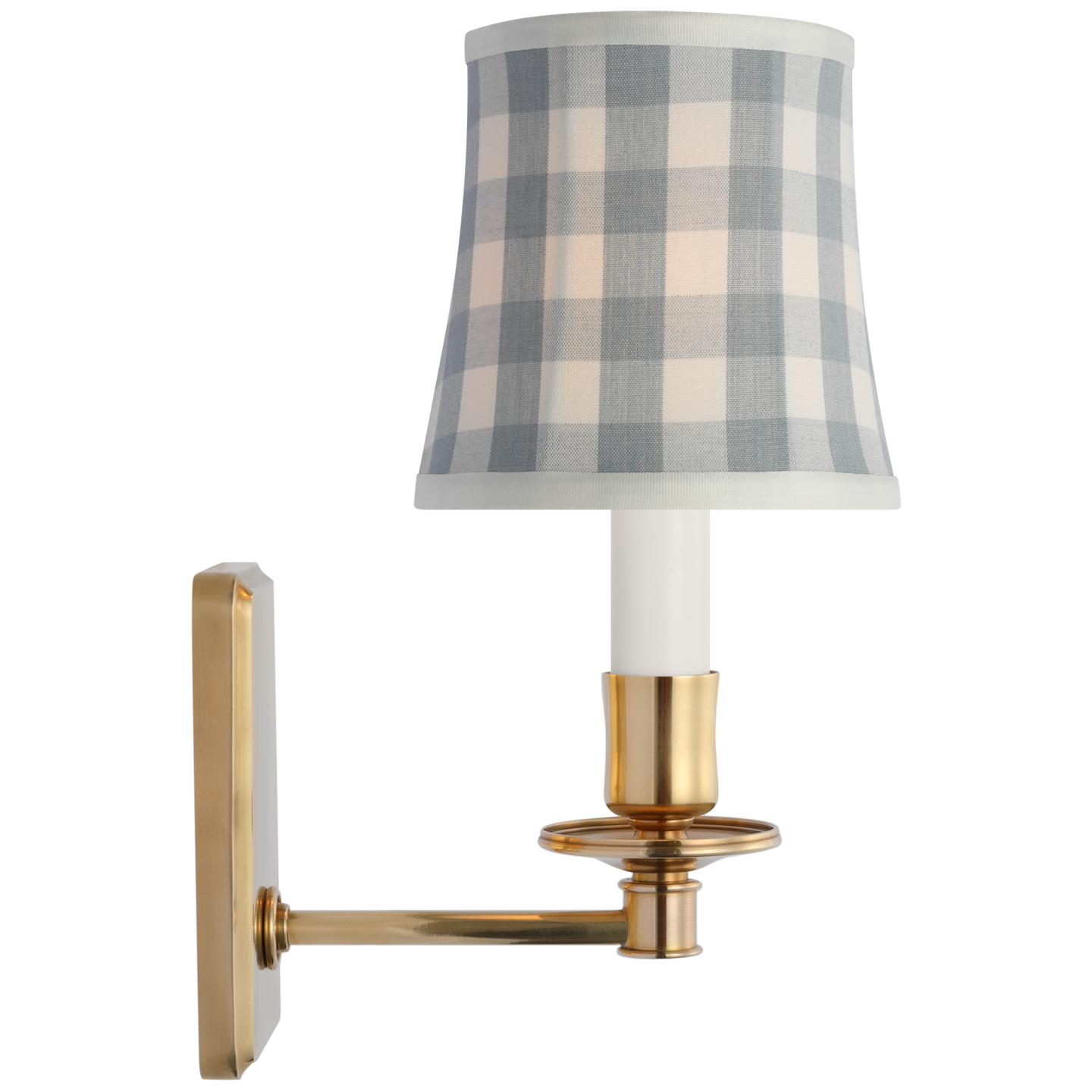 Tara 12" Sconce | Hand-Rubbed Antique Brass | Schumacher Sky Elton Check Soft Empire Shade