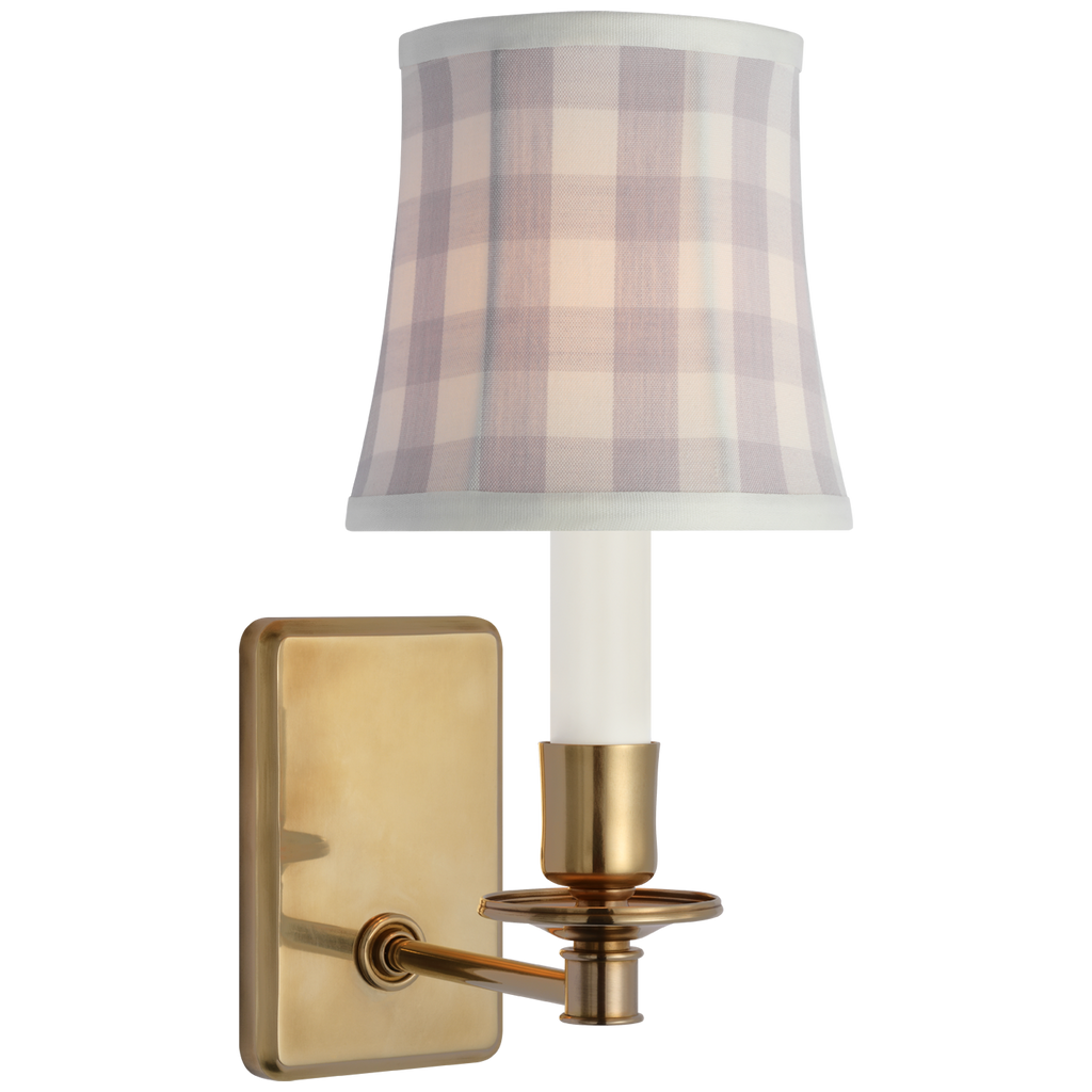 Tara 12" Sconce | Hand-Rubbed Antique Brass | Schumacher Lilac Elton Check Soft Empire Shade