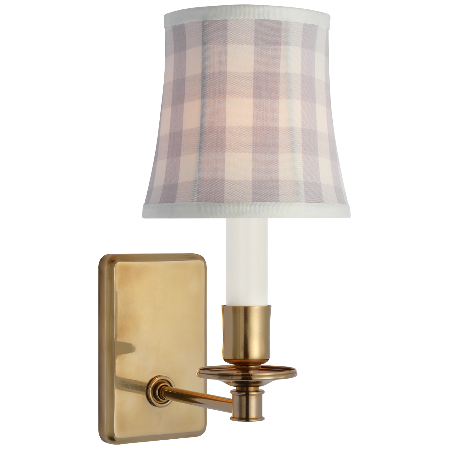 Tara 12" Sconce | Hand-Rubbed Antique Brass | Schumacher Lilac Elton Check Soft Empire Shade