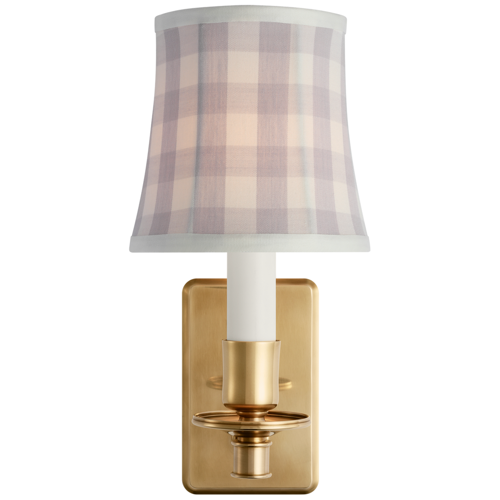Tara 12" Sconce | Hand-Rubbed Antique Brass | Schumacher Lilac Elton Check Soft Empire Shade