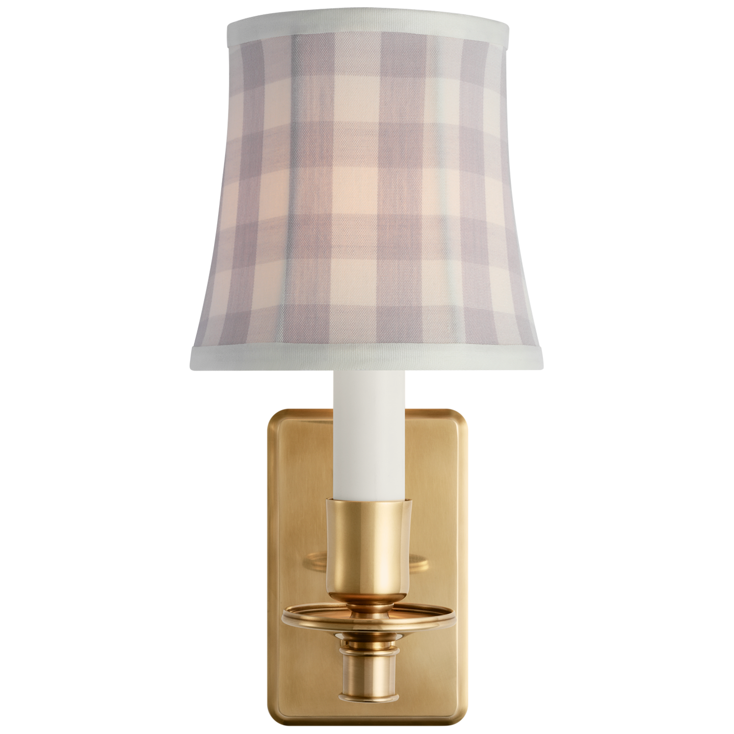 Tara 12" Sconce | Hand-Rubbed Antique Brass | Schumacher Lilac Elton Check Soft Empire Shade