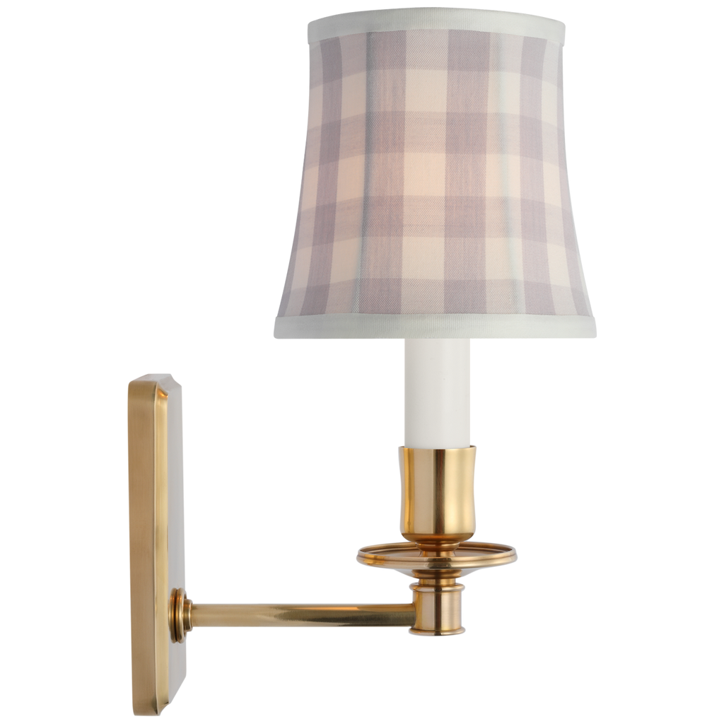 Tara 12" Sconce | Hand-Rubbed Antique Brass | Schumacher Lilac Elton Check Soft Empire Shade