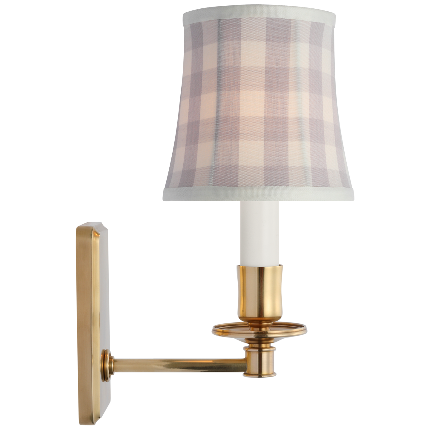 Tara 12" Sconce | Hand-Rubbed Antique Brass | Schumacher Lilac Elton Check Soft Empire Shade