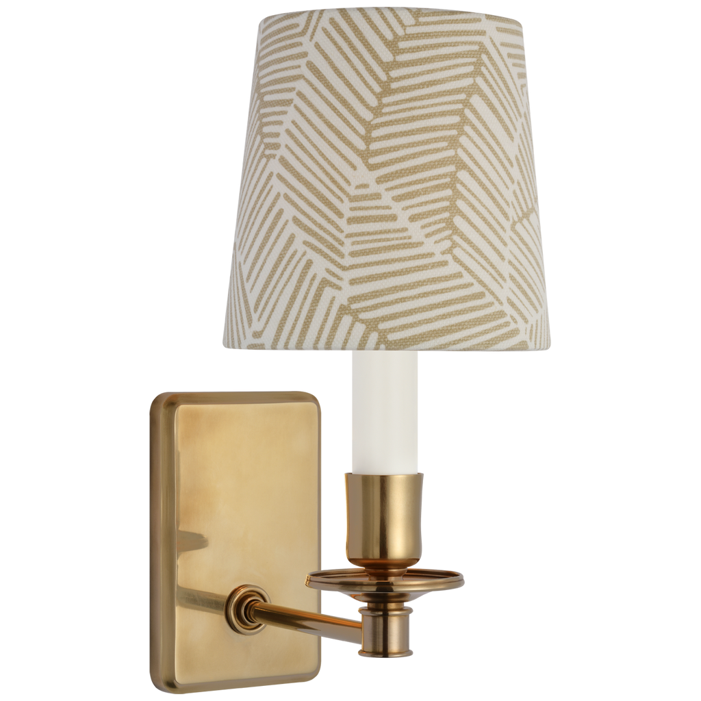 Tara 12" Sconce | Hand-Rubbed Antique Brass | Schumacher Taupe Abstract Leaf Empire Shade