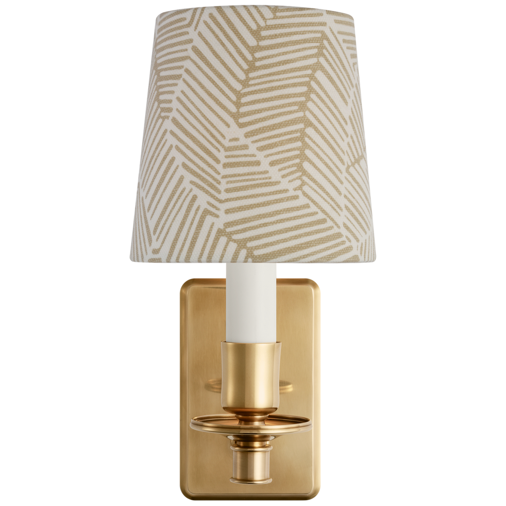 Tara 12" Sconce | Hand-Rubbed Antique Brass | Schumacher Taupe Abstract Leaf Empire Shade