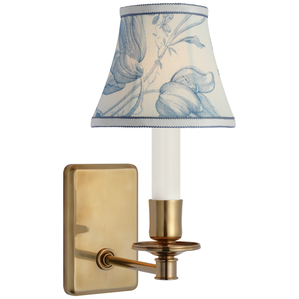 Tara 11" Sconce | Hand-Rubbed Antique Brass | Schumacher Delft Toile De Fleurs Bell Empire Shade