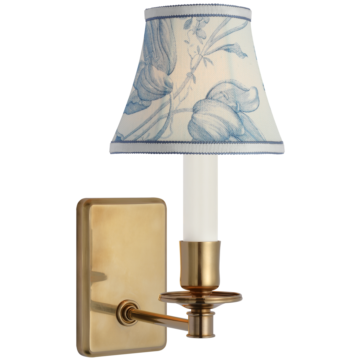 Tara 11" Sconce | Hand-Rubbed Antique Brass | Schumacher Delft Toile De Fleurs Bell Empire Shade