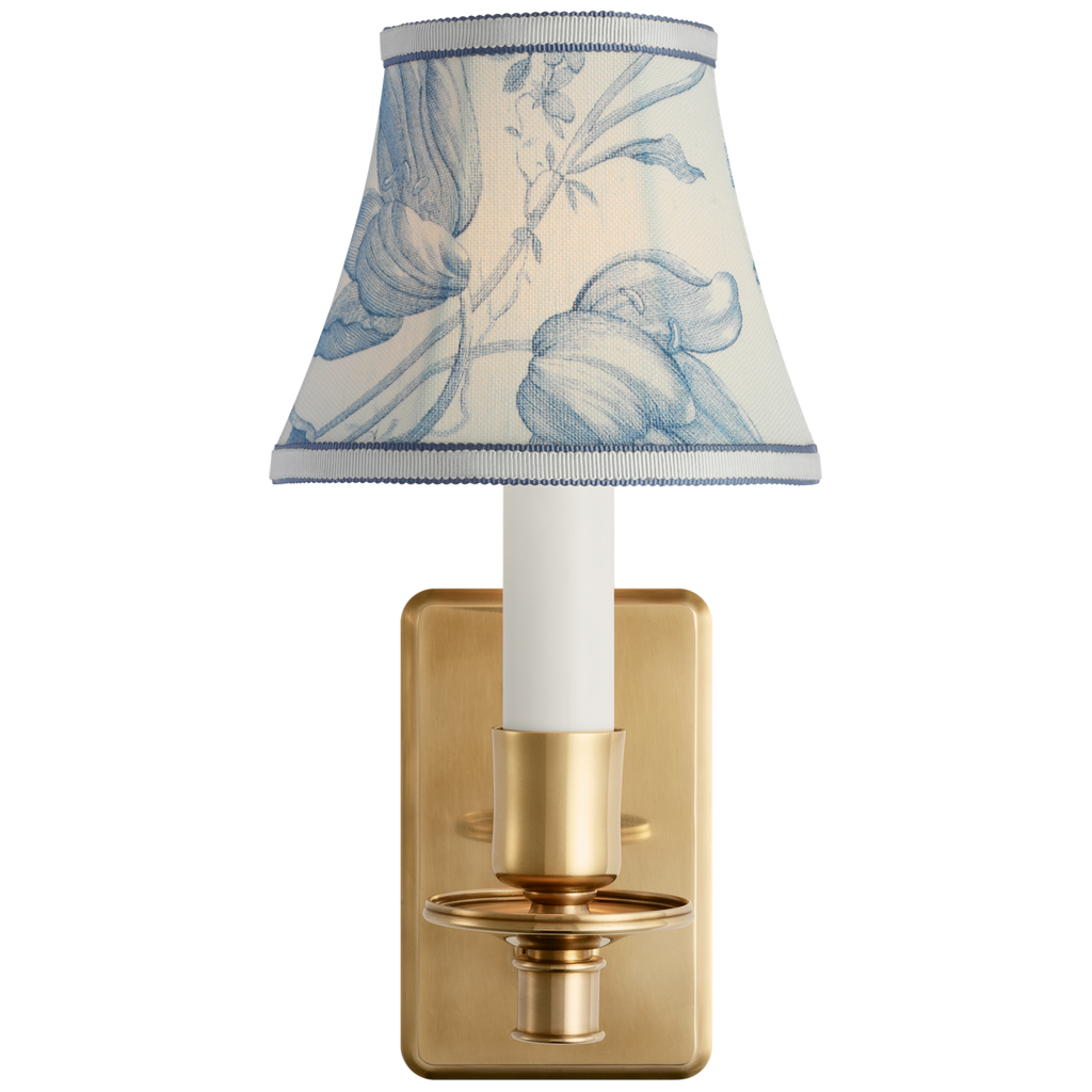 Tara 11" Sconce | Hand-Rubbed Antique Brass | Schumacher Delft Toile De Fleurs Bell Empire Shade