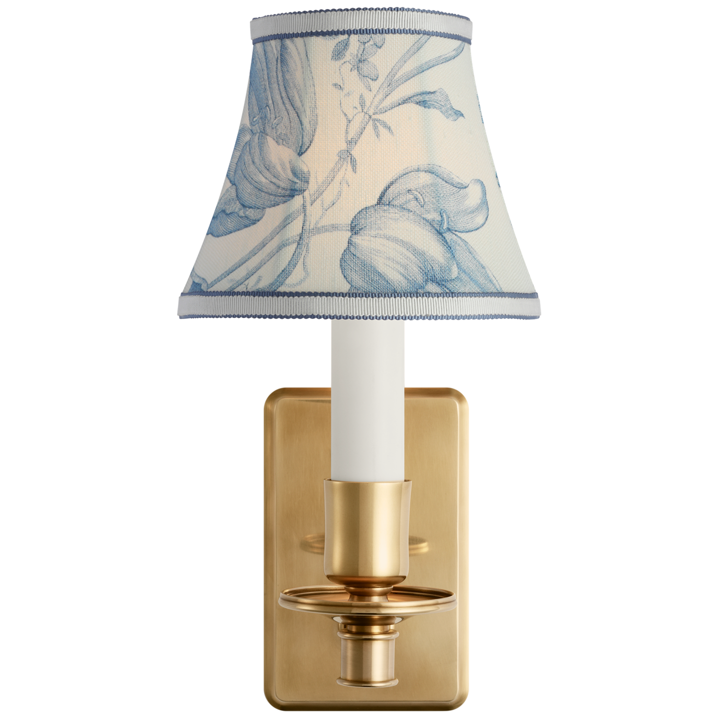 Tara 11" Sconce | Hand-Rubbed Antique Brass | Schumacher Delft Toile De Fleurs Bell Empire Shade