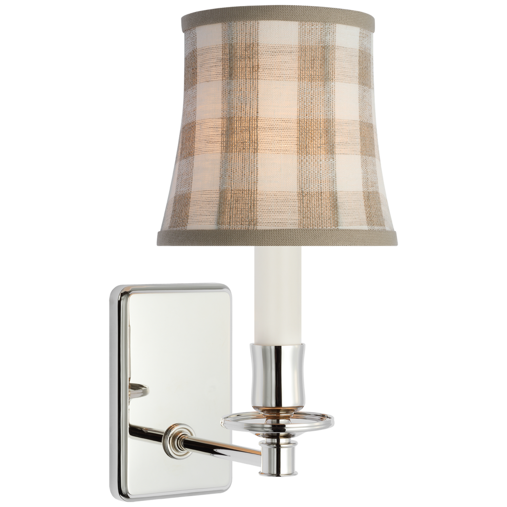 Tara 12" Sconce | Polished Nickel | Schumacher Natural Sidney Check Soft Empire Shade