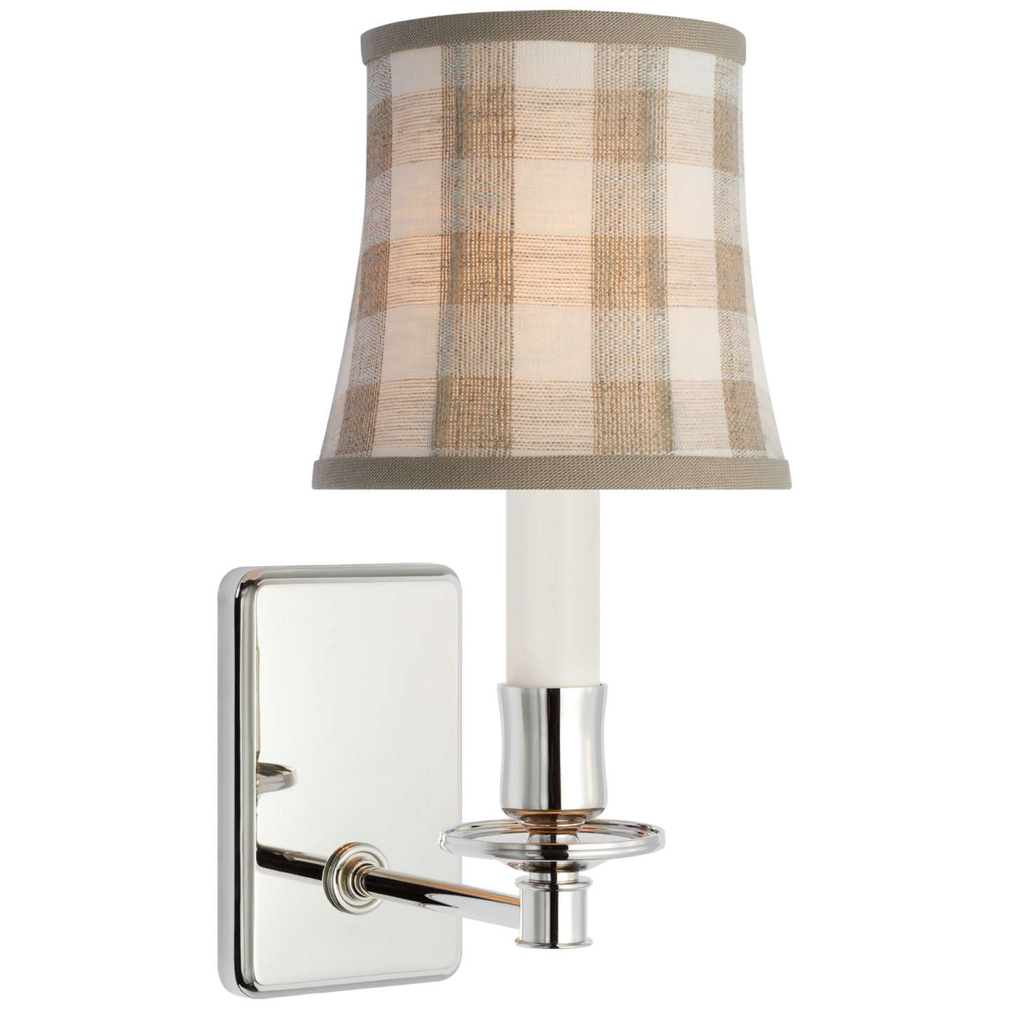 Tara 12" Sconce | Polished Nickel | Schumacher Natural Sidney Check Soft Empire Shade