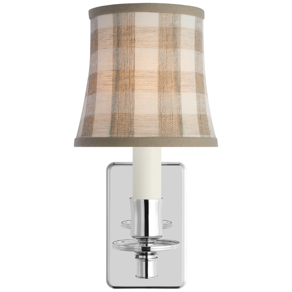 Tara 12" Sconce | Polished Nickel | Schumacher Natural Sidney Check Soft Empire Shade