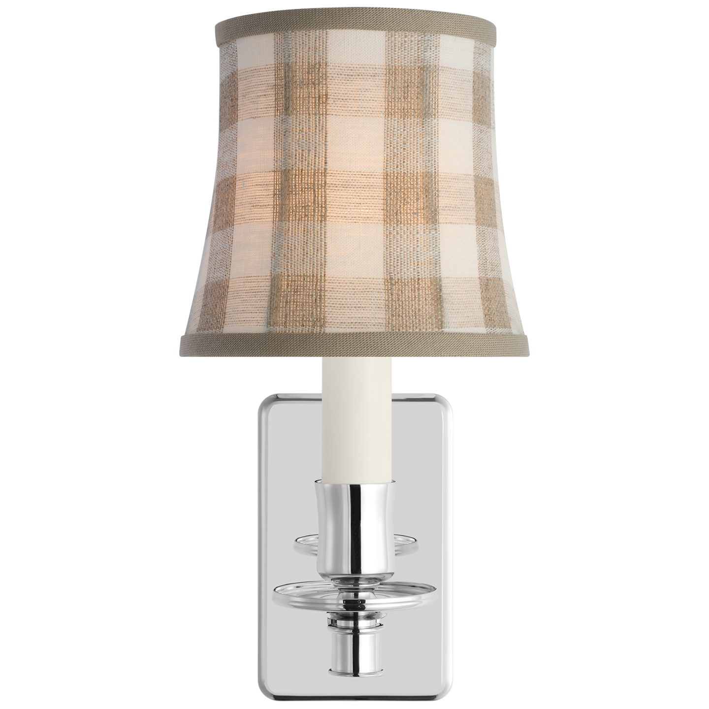 Tara 12" Sconce | Polished Nickel | Schumacher Natural Sidney Check Soft Empire Shade