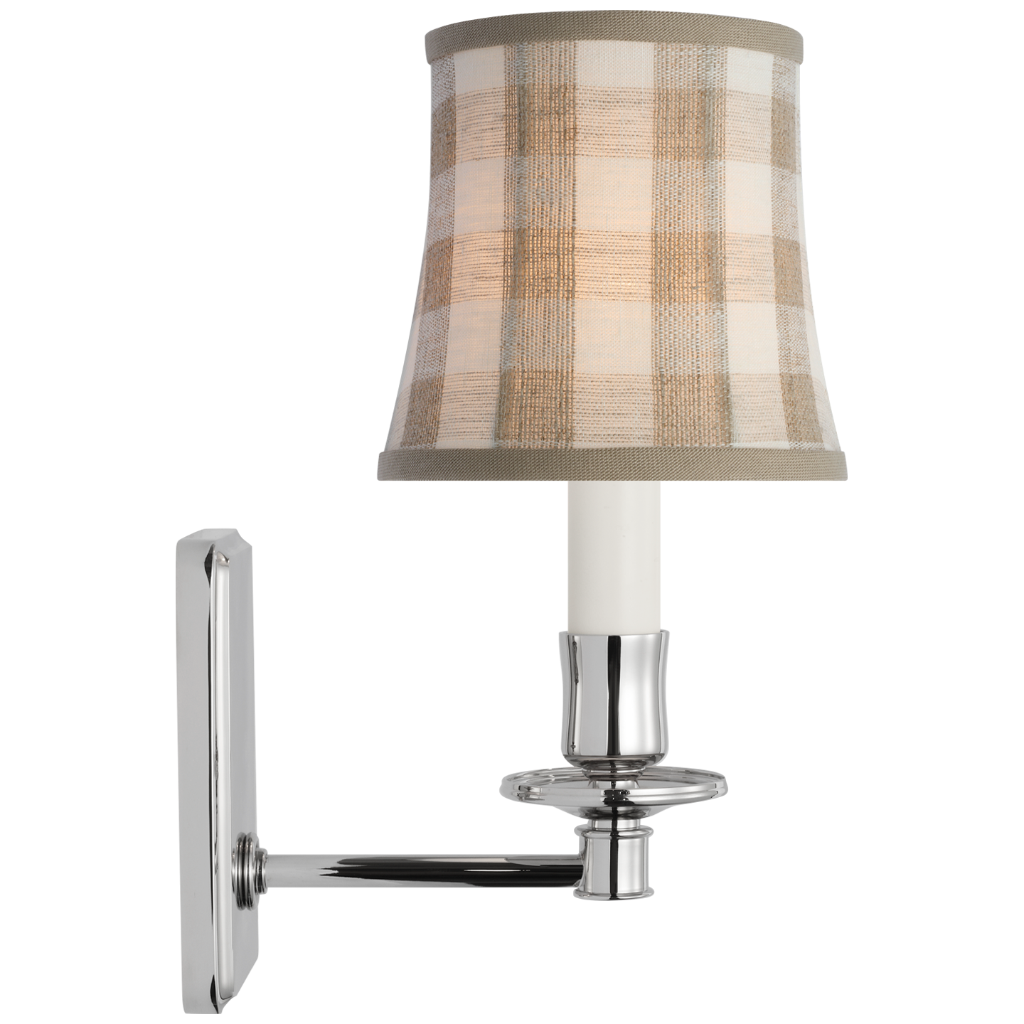 Tara 12" Sconce | Polished Nickel | Schumacher Natural Sidney Check Soft Empire Shade