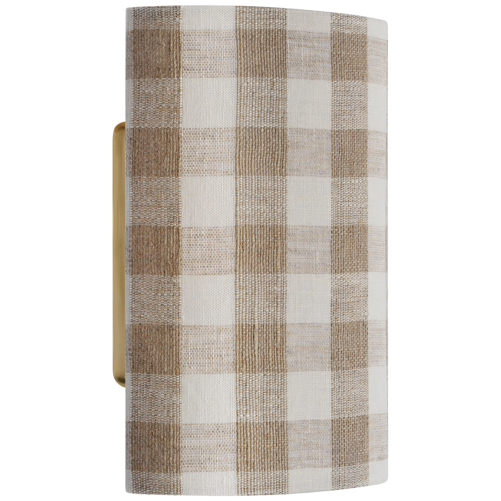 Maeve 8" Shield Sconce | Hand-Rubbed Antique Brass | Schumacher Natural Sidney Check Shield