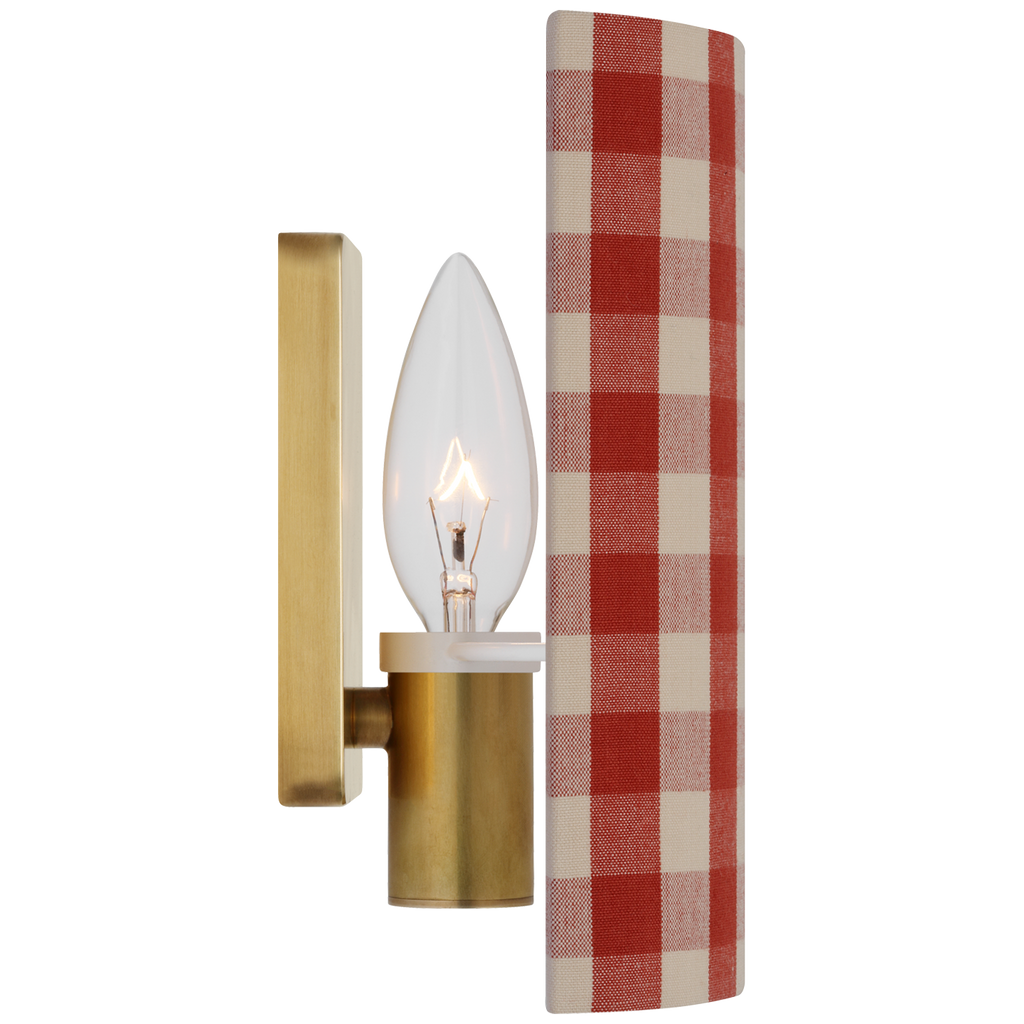 Maeve 8" Shield Sconce | Hand-Rubbed Antique Brass | Schumacher Red Elton Check Shield