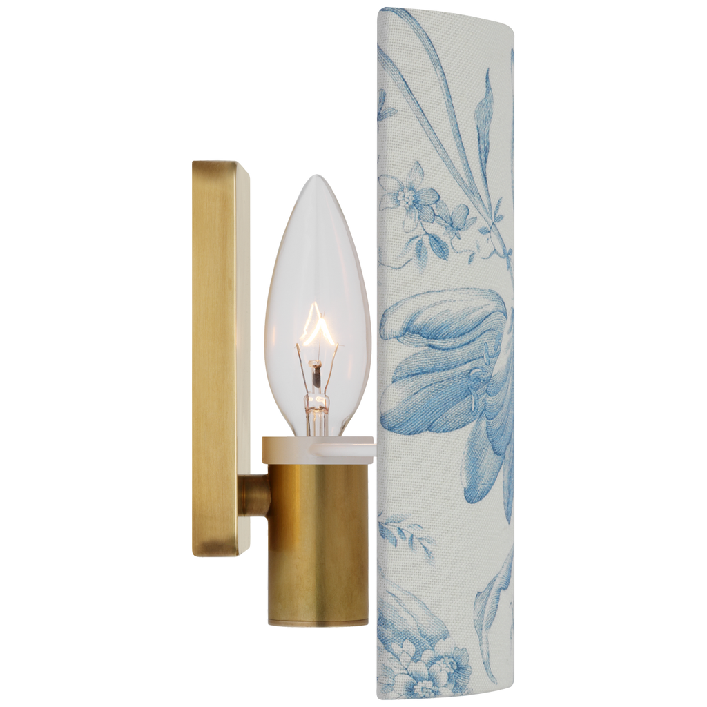 Maeve 8" Shield Sconce | Hand-Rubbed Antique Brass | Schumacher Delft Toile De Fleurs Shield