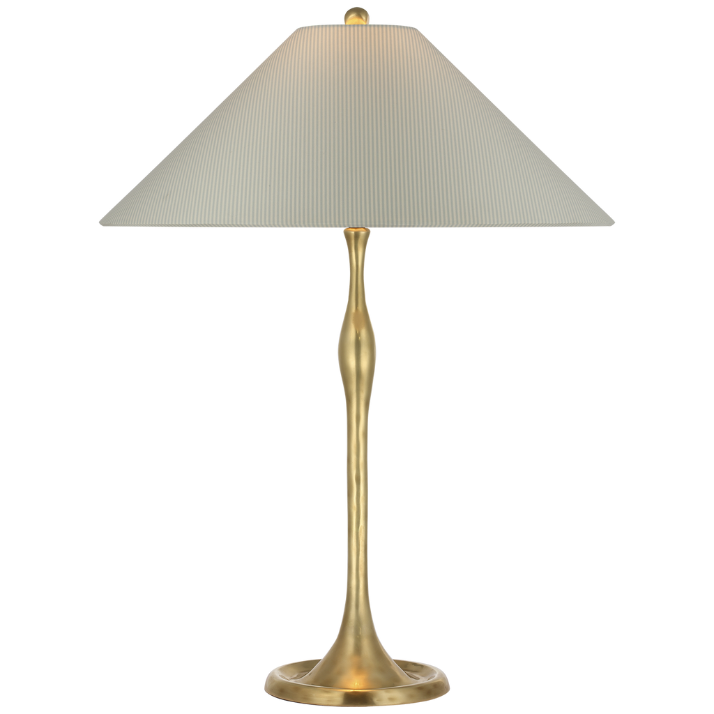 Romero Medium Table Lamp | Hand-Rubbed Antique Brass | Schumacher 19" Blue Charee Stripe Flare Shade