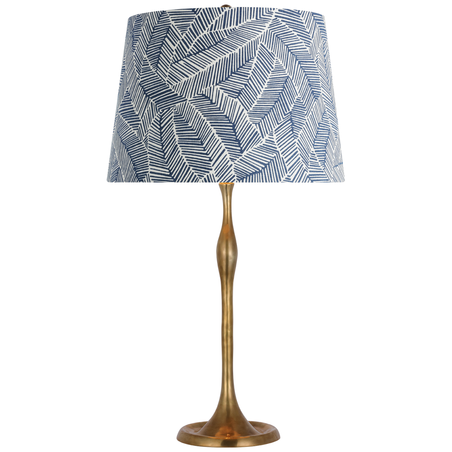Romero Medium Table Lamp | Hand-Rubbed Antique Brass | Schumacher 16" Navy Abstract Leaf Empire Shade