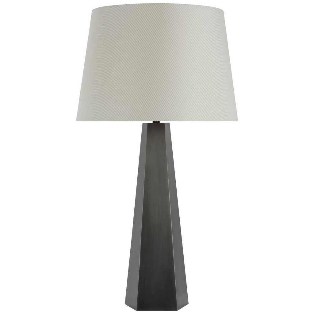 Zoran Medium Table Lamp | Bronze | Schumacher 16" Blue Charee Stripe Empire Shade