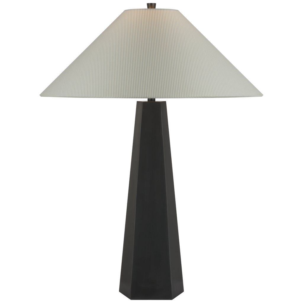 Zoran Medium Table Lamp | Bronze | Schumacher 21" Blue Charee Stripe Flare Shade