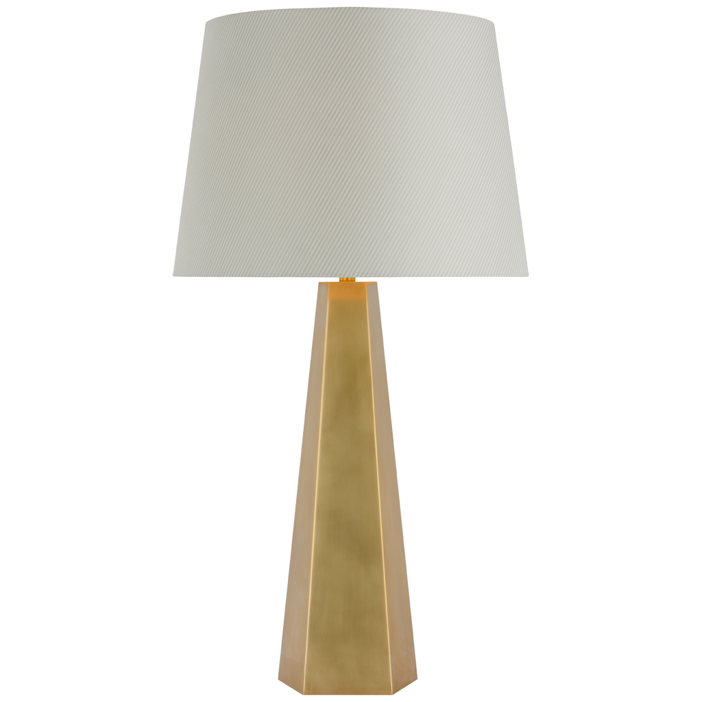 Zoran Medium Table Lamp | Hand-Rubbed Antique Brass | Schumacher 16" Blue Charee Stripe Empire Shade