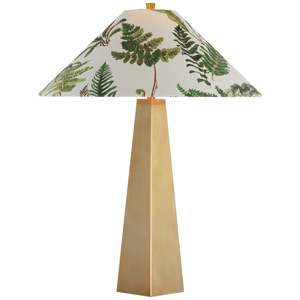 Zoran Medium Table Lamp | Hand-Rubbed Antique Brass | Schumacher 21" Document Les Fougeres Flare Shade