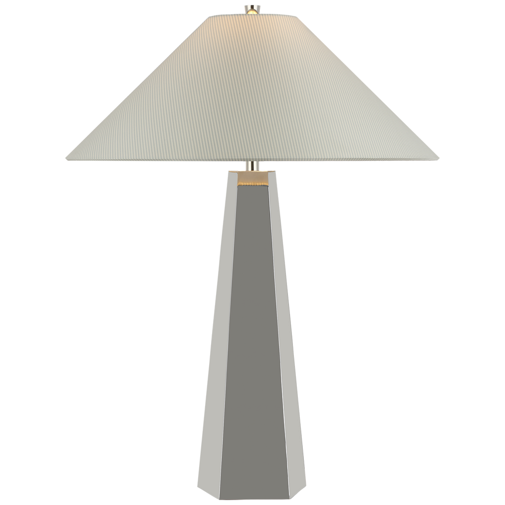 Zoran Medium Table Lamp | Polished Nickel | Schumacher 21" Blue Charee Stripe Flare Shade