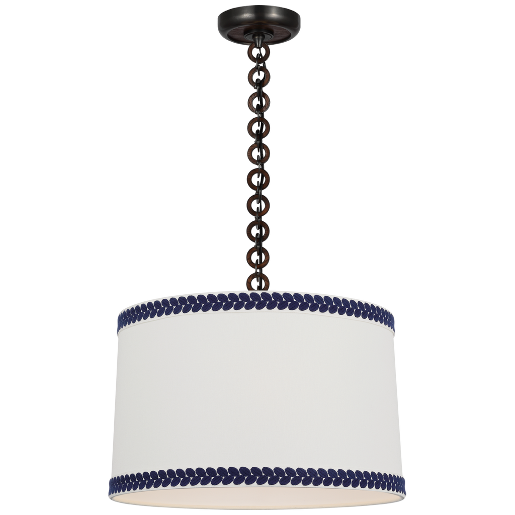 Evelyn 19" Hanging Shade | Bronze and Natural Oak | Linen Shade and Schumacher Blue Berkeley Tape