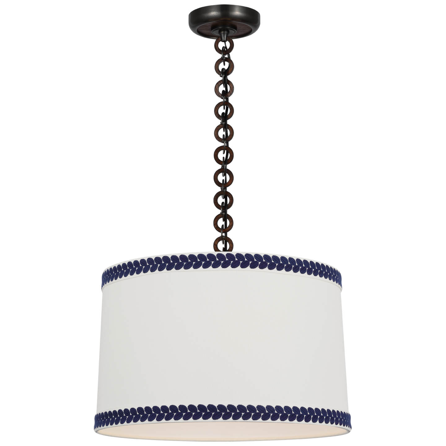 Evelyn 19" Hanging Shade | Bronze and Natural Oak | Linen Shade and Schumacher Blue Berkeley Tape