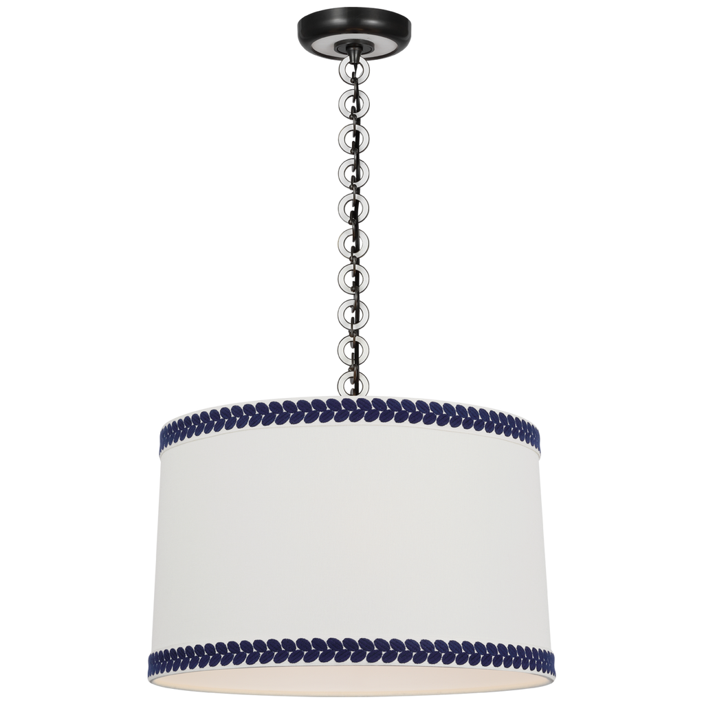 Evelyn 19" Hanging Shade | Bronze and White Oak | Linen Shade and Schumacher Blue Berkeley Tape