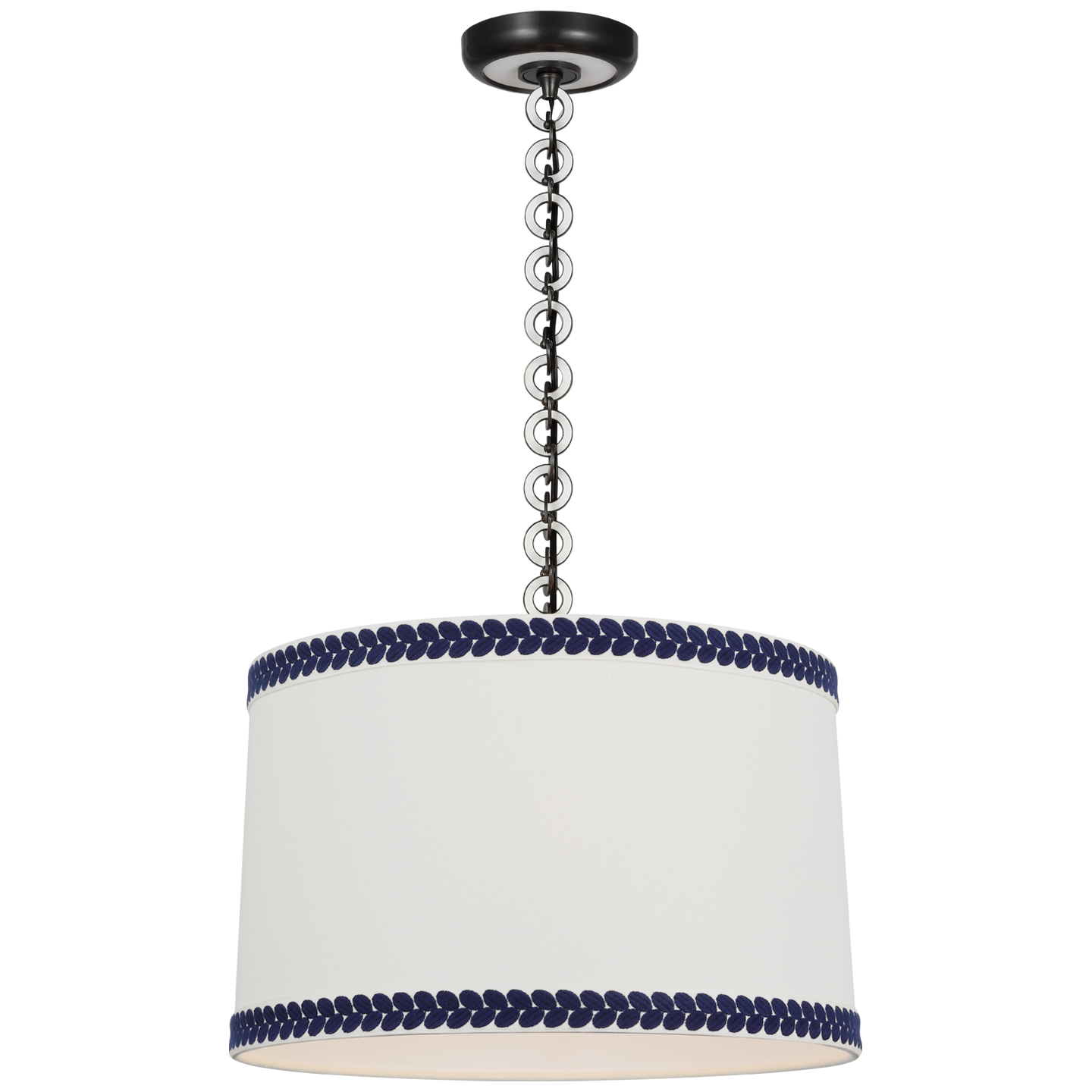 Evelyn 19" Hanging Shade | Bronze and White Oak | Linen Shade and Schumacher Blue Berkeley Tape