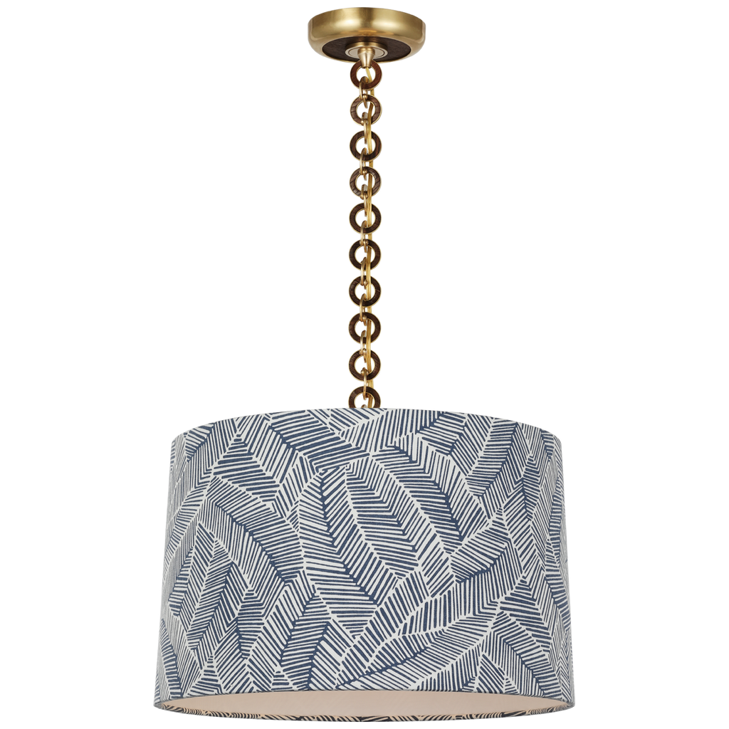 Evelyn 19" Hanging Shade | Hand-Rubbed Antique Brass and Natural Oak | Schumacher Navy Abstract Leaf Shade