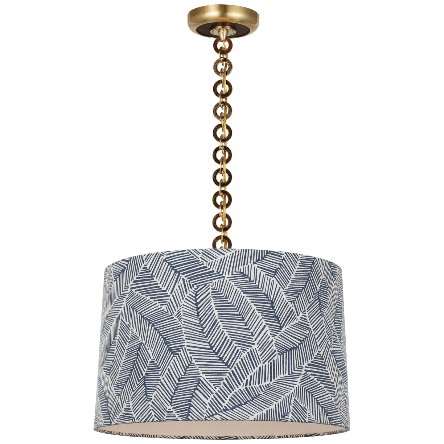 Evelyn 19" Hanging Shade | Hand-Rubbed Antique Brass and Natural Oak | Schumacher Navy Abstract Leaf Shade