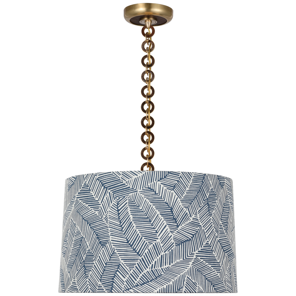 Evelyn 19" Hanging Shade | Hand-Rubbed Antique Brass and Natural Oak | Schumacher Navy Abstract Leaf Shade