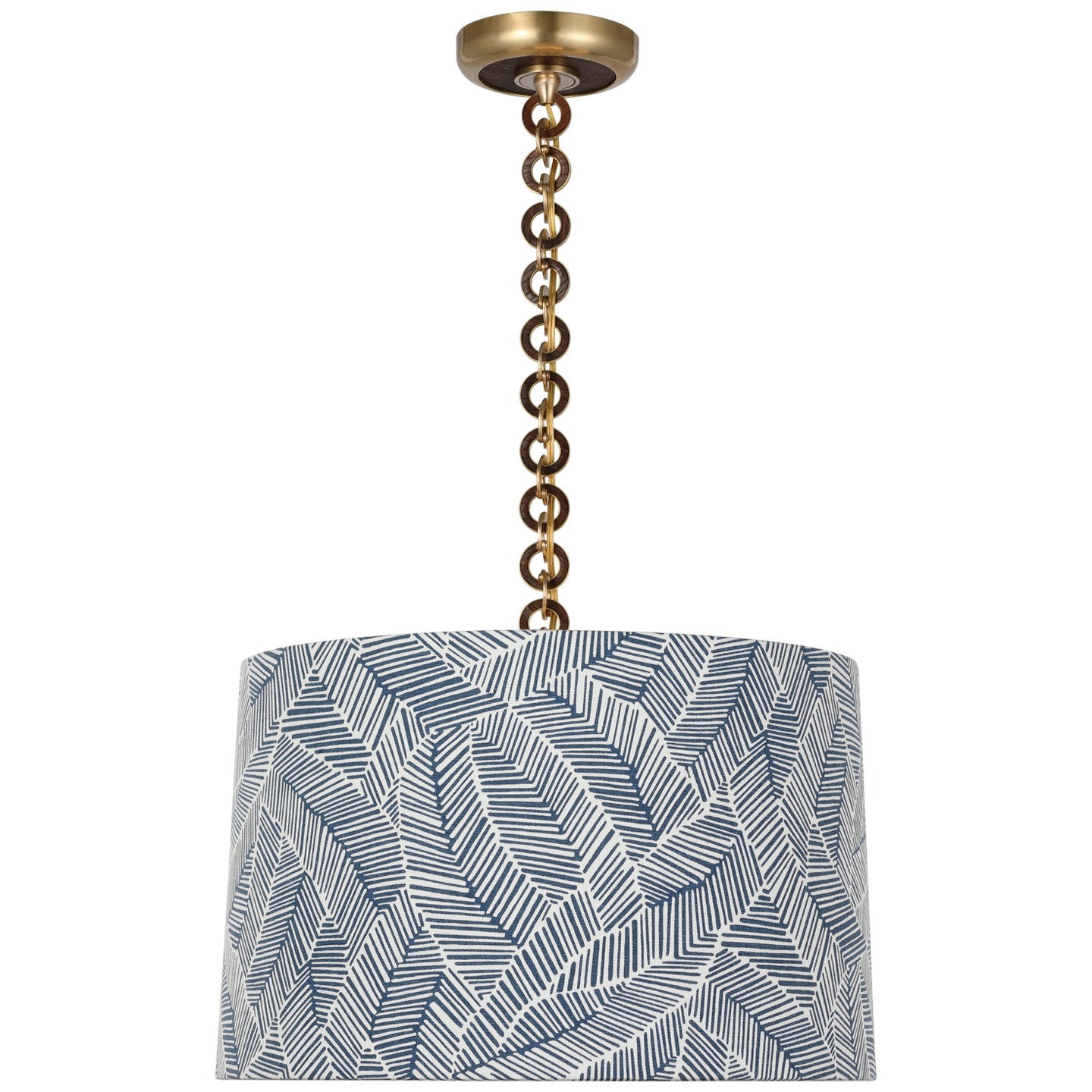 Evelyn 19" Hanging Shade | Hand-Rubbed Antique Brass and Natural Oak | Schumacher Navy Abstract Leaf Shade