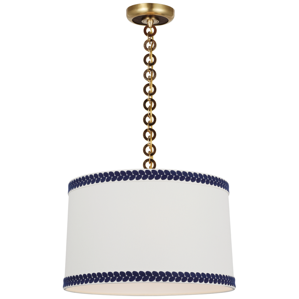 Evelyn 19" Hanging Shade | Hand-Rubbed Antique Brass and Natural Oak | Linen Shade and Schumacher Blue Berkeley Tape