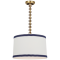 Evelyn 19" Hanging Shade | Hand-Rubbed Antique Brass and Natural Oak | Linen Shade and Schumacher Blue Berkeley Tape
