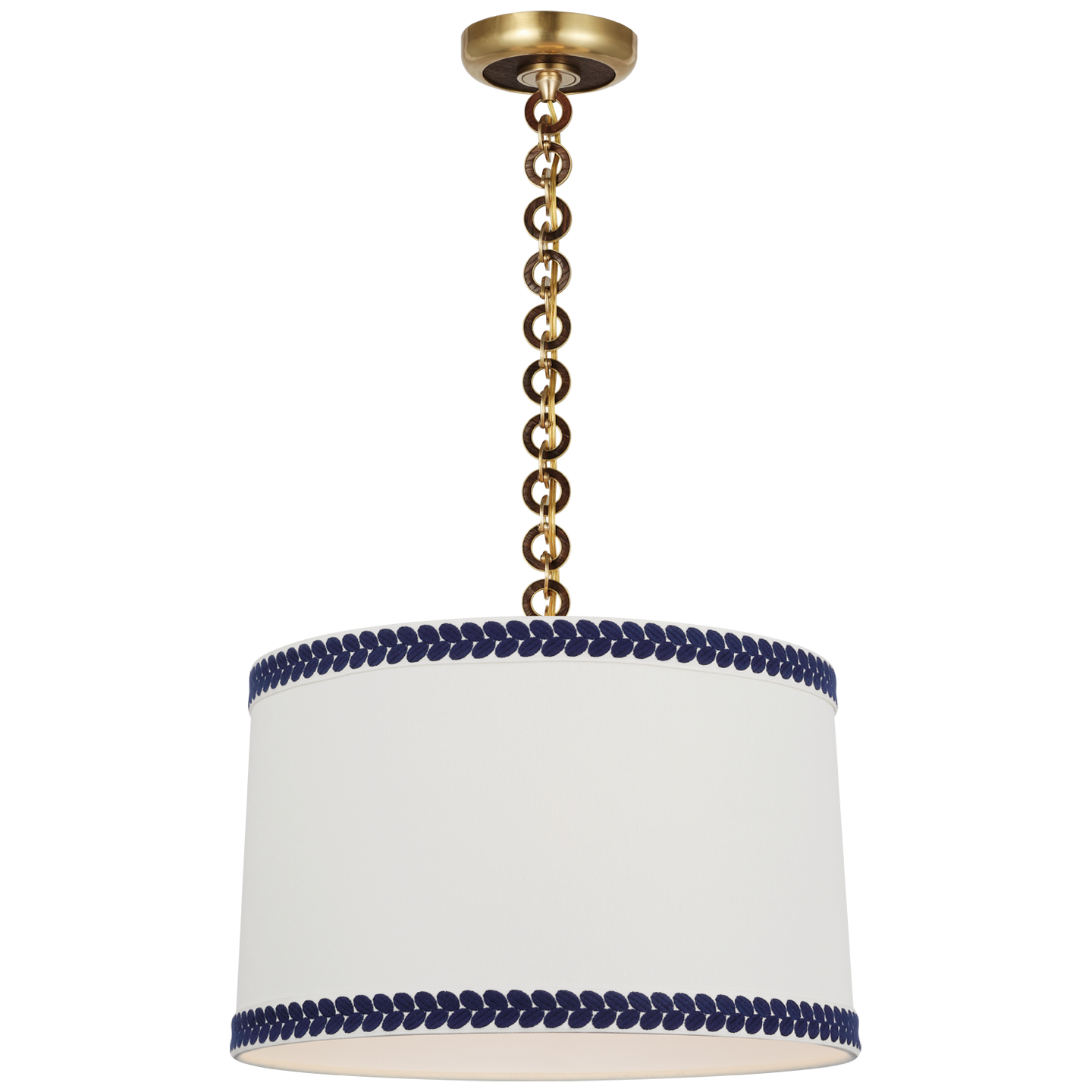 Evelyn 19" Hanging Shade | Hand-Rubbed Antique Brass and Natural Oak | Linen Shade and Schumacher Blue Berkeley Tape
