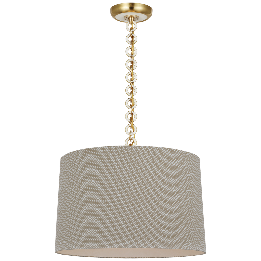 Evelyn 19" Hanging Shade | Hand-Rubbed Antique Brass and White Oak | Schumacher Dove Soho Weave Shade