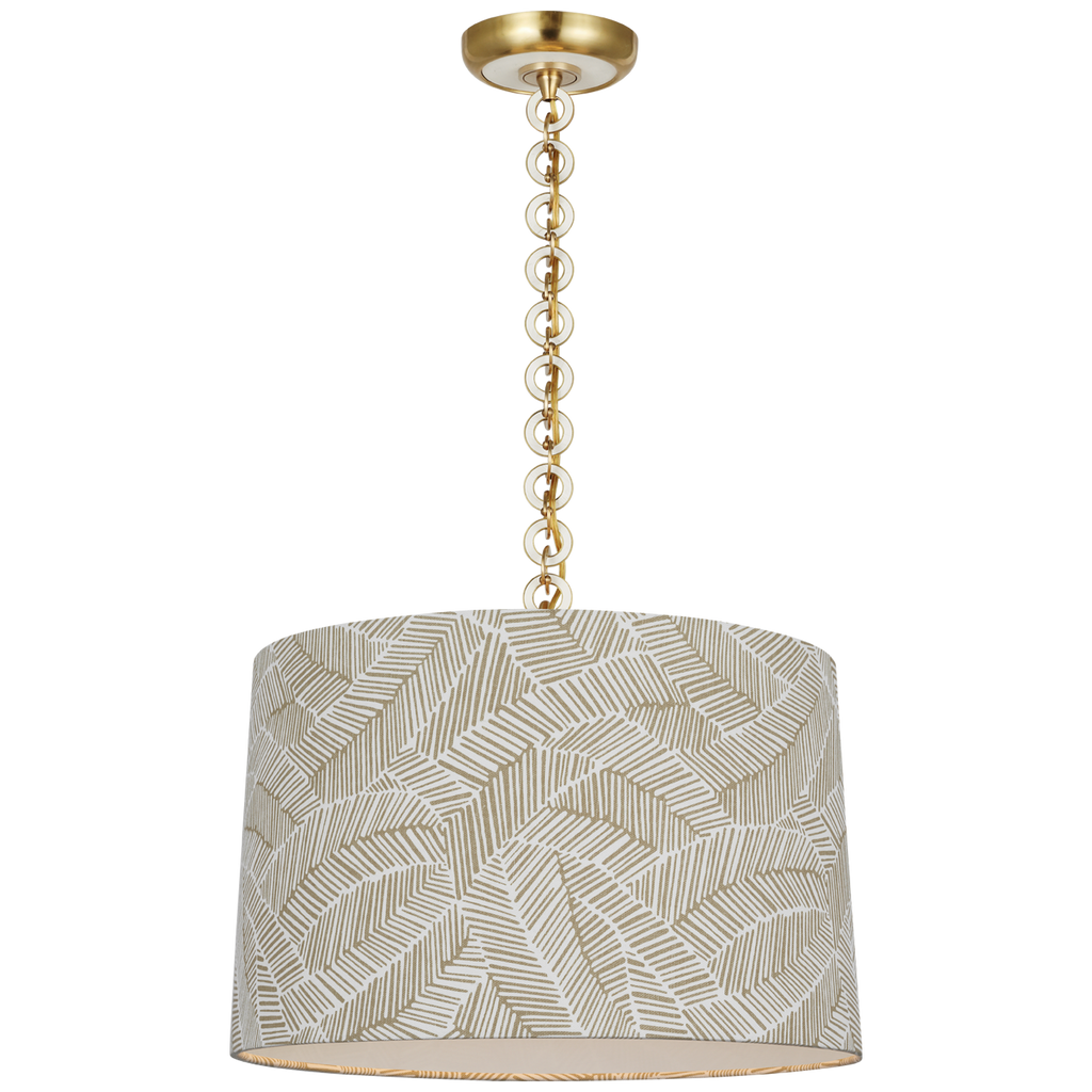 Evelyn 19" Hanging Shade | Hand-Rubbed Antique Brass and White Oak | Schumacher Taupe Abstract Leaf Shade