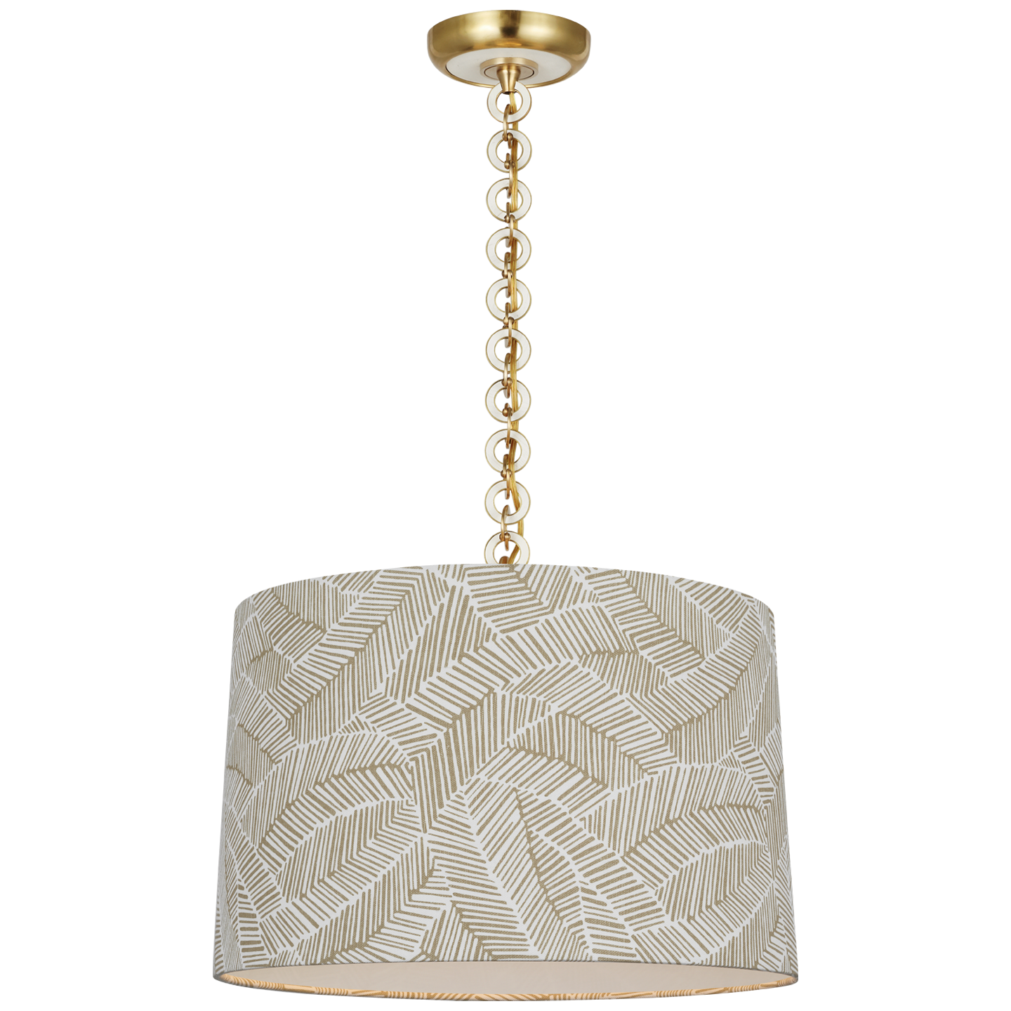 Evelyn 19" Hanging Shade | Hand-Rubbed Antique Brass and White Oak | Schumacher Taupe Abstract Leaf Shade