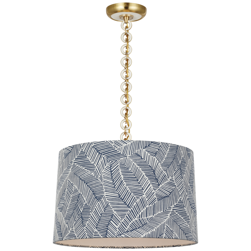 Evelyn 19" Hanging Shade | Hand-Rubbed Antique Brass and White Oak | Schumacher Navy Abstract Leaf Shade