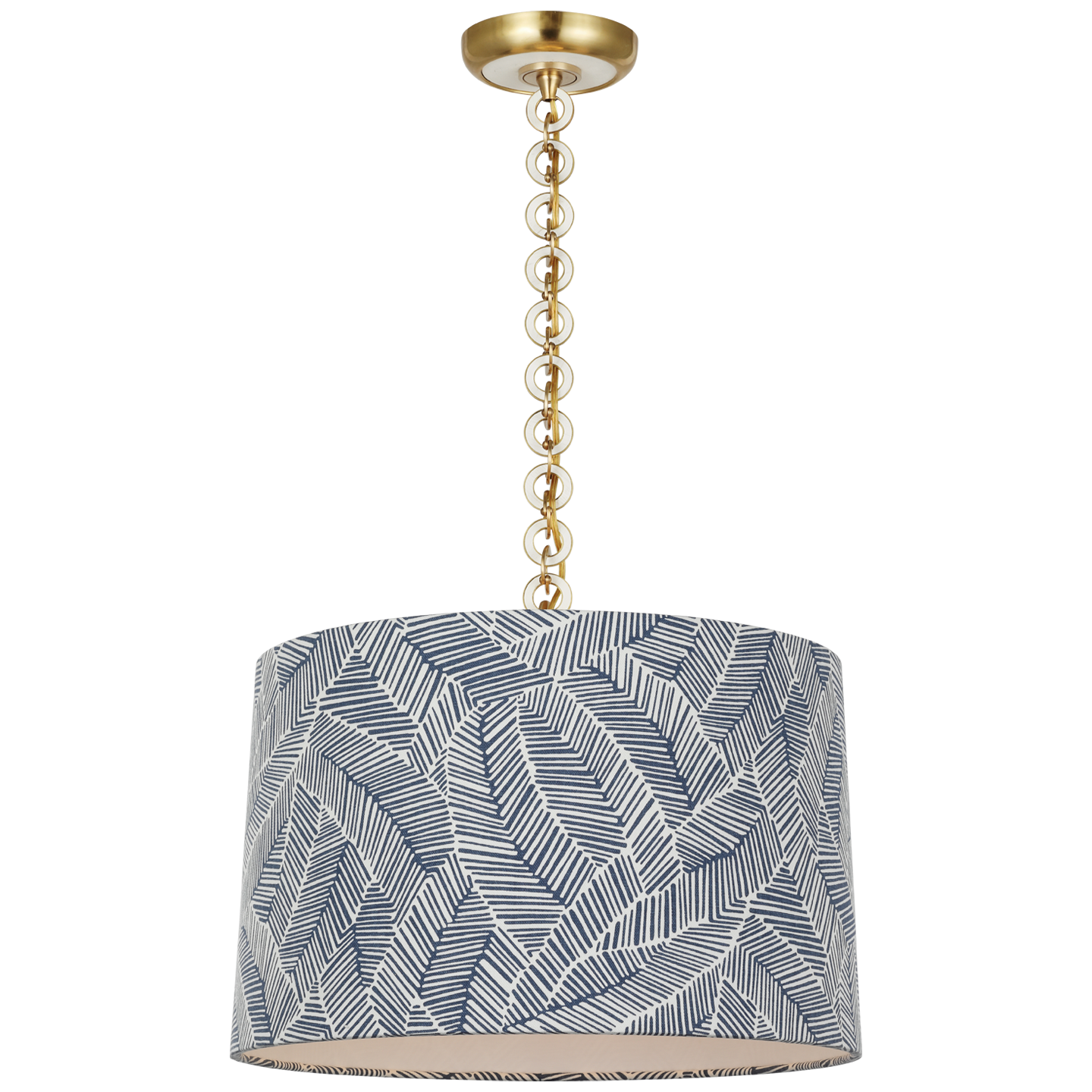 Evelyn 19" Hanging Shade | Hand-Rubbed Antique Brass and White Oak | Schumacher Navy Abstract Leaf Shade