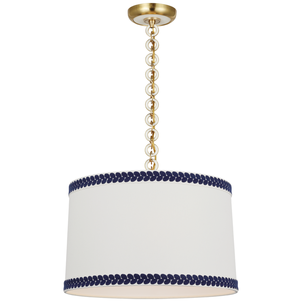 Evelyn 19" Hanging Shade | Hand-Rubbed Antique Brass and White Oak | Linen Shade and Schumacher Blue Berkeley Tape