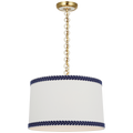 Evelyn 19" Hanging Shade | Hand-Rubbed Antique Brass and White Oak | Linen Shade and Schumacher Blue Berkeley Tape