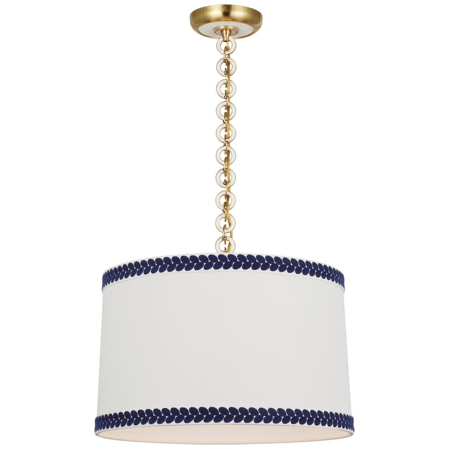 Evelyn 19" Hanging Shade | Hand-Rubbed Antique Brass and White Oak | Linen Shade and Schumacher Blue Berkeley Tape