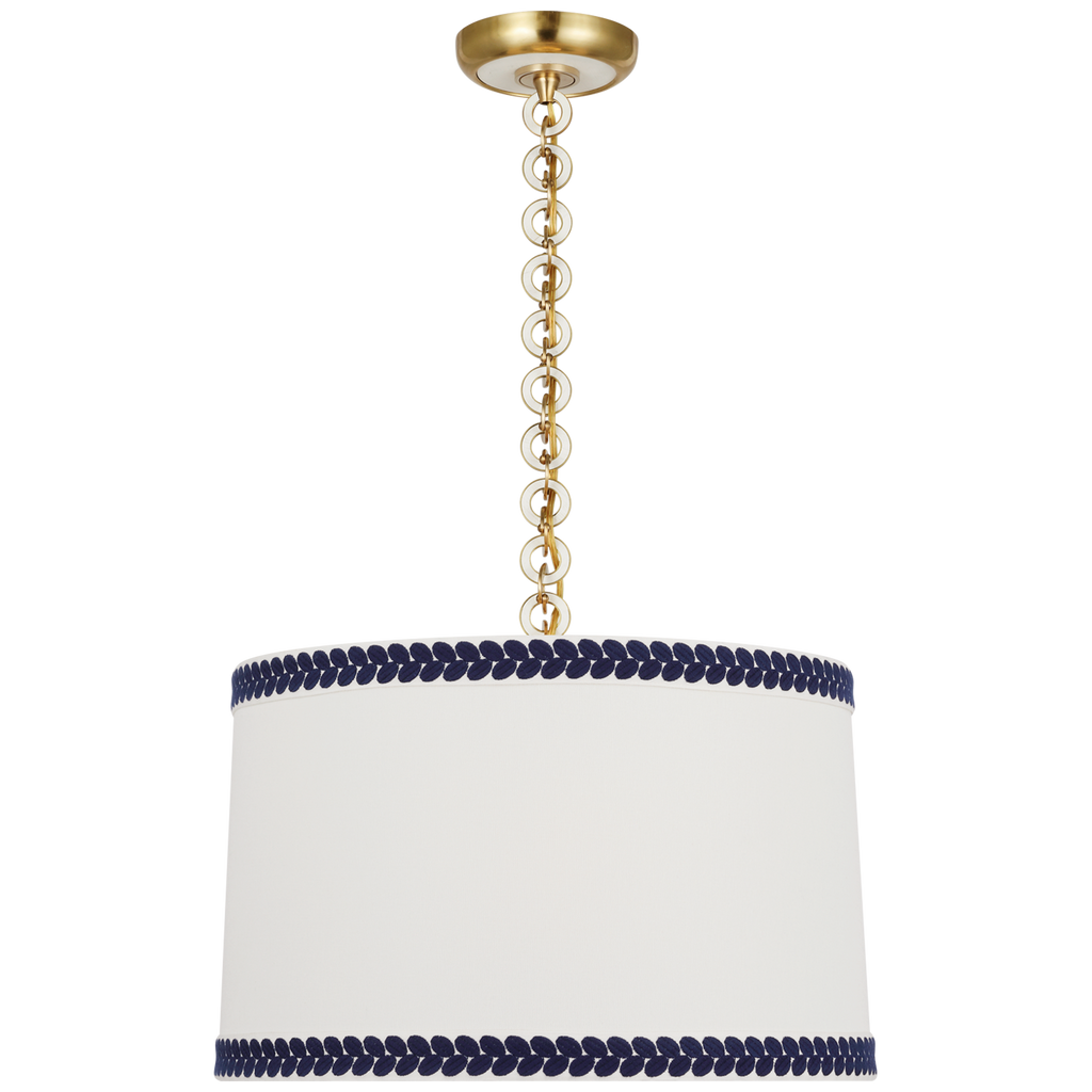 Evelyn 19" Hanging Shade | Hand-Rubbed Antique Brass and White Oak | Linen Shade and Schumacher Blue Berkeley Tape